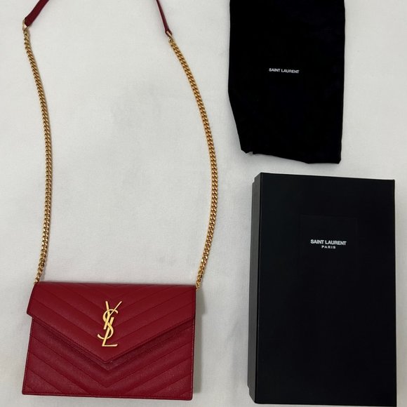 PRELOVED AUTHENTIC SAINT LAURENT CROSSBODY ENVELOPE CHAIN WALLET IN OPYUM RED - Picture 4 of 11